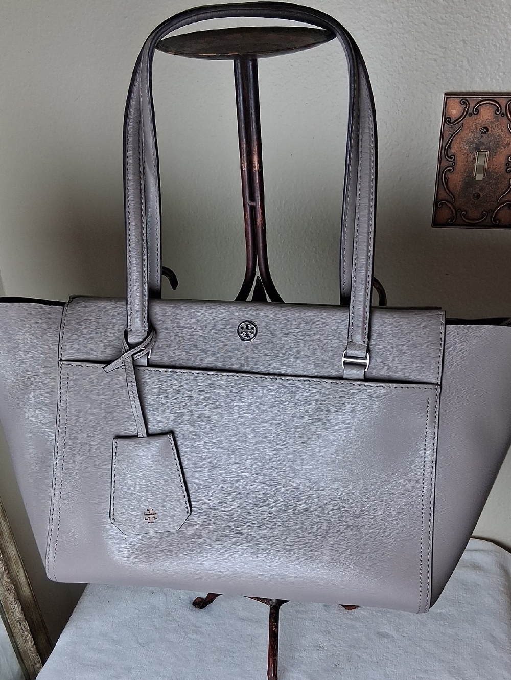 Tory Burch Taupe Gray Leather Tote with Luggage Tag